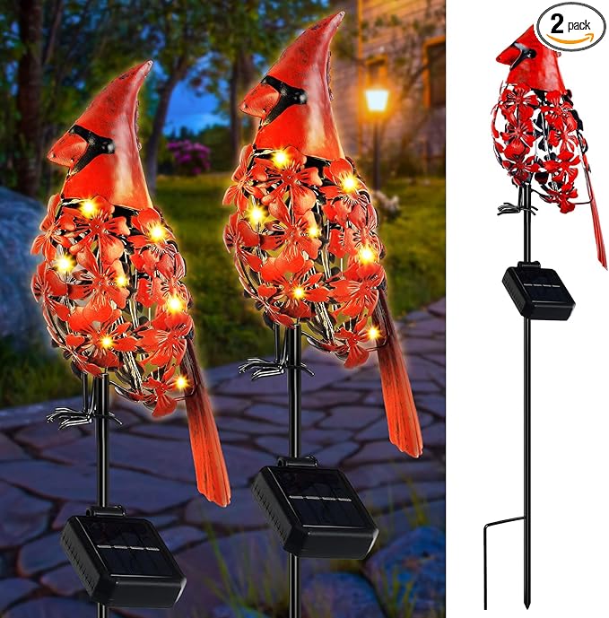 VIHOSE 2 Pcs Cardinal Gift Decor Cardinal Solar Lights for Outside Garden Stake Metal Red Bird Solar Lights Gift Outdoor Stake Grave Patio Yard Lawn Porch Cemetery Decoration for Mom Grandma Women