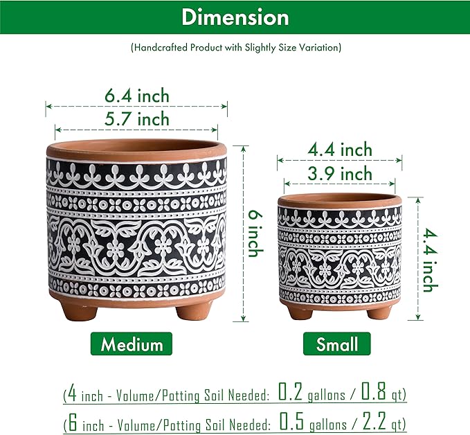 D'vine Dev Set of 2 Terracotta Planter Pots, 4.4 Inch & 6.4 Inch, Wave Pattern Plants Pot with Drainage Hole, Terracotta/Black, 31-953-F-2
