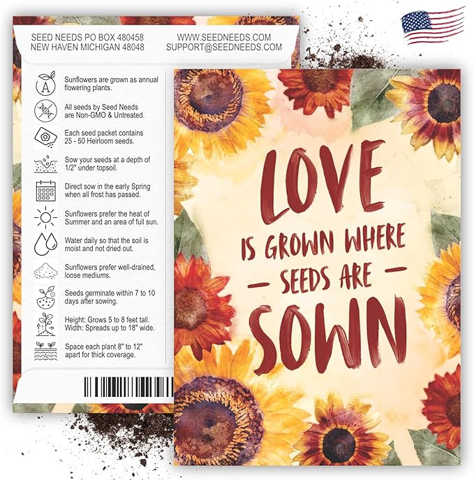 Seed Needs, Sunflower Seed Packet Party Favors - 20 Pre-Filled Packs to Hand Out (Great for Weddings, Bridal Showers, Memorials, Fundraisers & Other Events) Heirloom & Untreated (20 Packets)