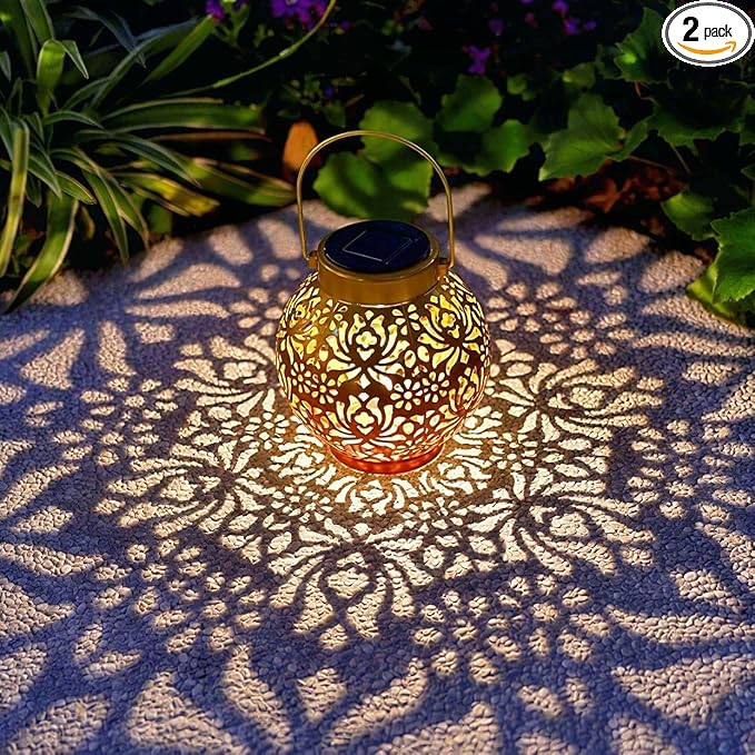 2 Pack Outdoor Solar Hanging Lantern Lights Metal LED Decorative Lamp for Garden Patio Courtyard Lawn and Table with Hollowed-Out Design (Sunset Blaze)