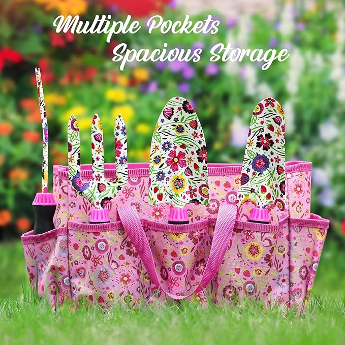 Gardening Tools Set, 10 PCS Stainless Steel Heavy-Duty with Non-slip Soft Rubber Handle with Large Garden Bag, Floral Pattern Gardening Tool Set Gifts for Women Birthday Mother's Day, Pink