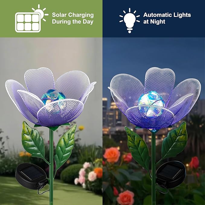 Solar Lights Outdoor Garden, 2 Pack Solar Powered Metal Flowers LED Breathing Light Waterproof,Solar Flowers for Outside Patio Lamp,Garden Gifts for Women,Landscape Lighting,Yard Pathway Decor