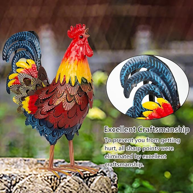 XONOR Metal Rooster Statues, Garden Chicken Decorations, Outdoor Chicken Sculpture, Metal Yard Rooster Artwork for Outdoor, Patio, Backyard and Home Kitchen Decoration (1pc, Blue Red)