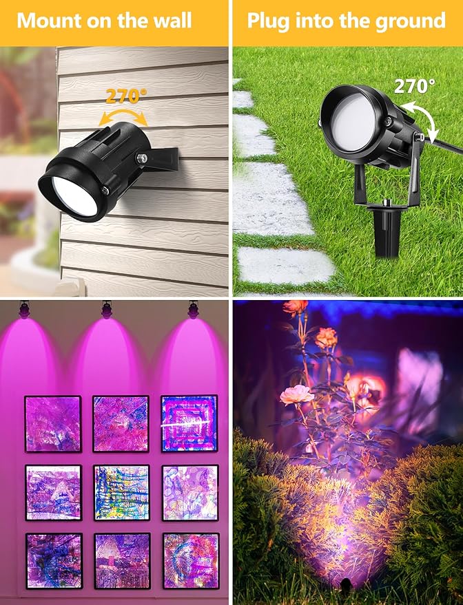 Christmas Spotlight Outdoor Black Light Spotlight, 12W Purple Spot Lights Waterproof Landscape Light Plug in Black Lights for Glow Party Fence Christmas Decorations Yard Garden Stage Decor, 1 Pack