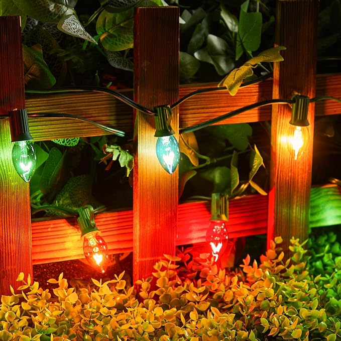 C7 Multicolor Christmas String Lights - 100ft Vintage Christmas Tree Lights, Outdoor Roofline String Lights with 100+4 Spare Bulbs for Patio Garden Holiday Indoor Home Xmas Decoration, Green Wire