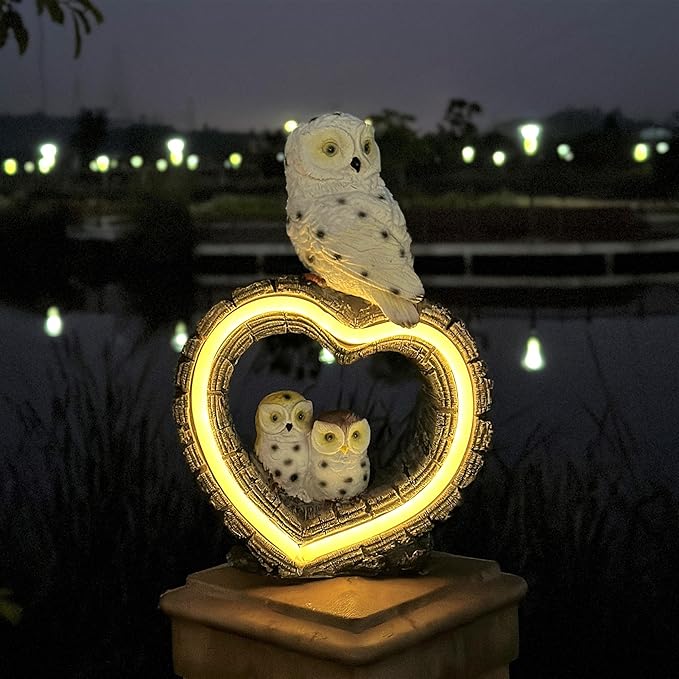 Solar Garden Lights, Solar Sculpture LED Lights, Outdoor Waterproof Handmade Resin Statue, Love Statue Decoration for Path, Yard, Lawn, Gift for Mom Christmas (White Love Owl)