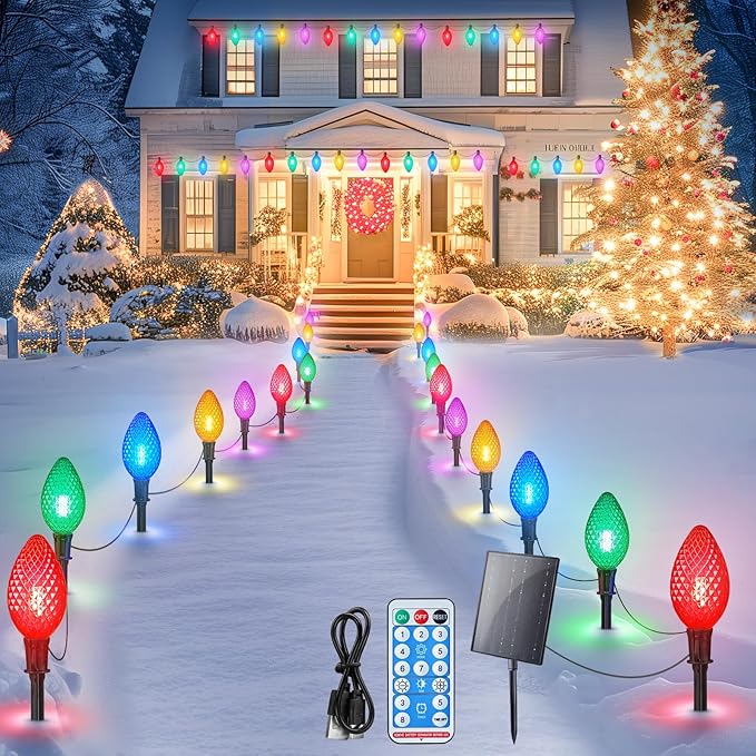 Minetom Solar Double C9 Strawberry Christmas Pathway Lights Outdoor -16FT 10 LED C9 Christmas Lights Outdoor with Timer,8 Modes, Solar Christmas Outdoor Decorations for Lawn Outside Walkway,Multicolor