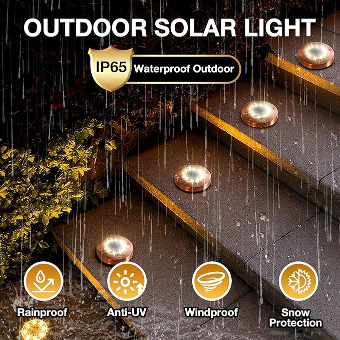 Outdoor In-Ground Lights Solar Disc Lights Outdoor Solar Garden Lights In Ground Solar Landscape Light 8 Pack 12 led for Pathway Yard Patio Walkway(Bronze, 8 Pack)