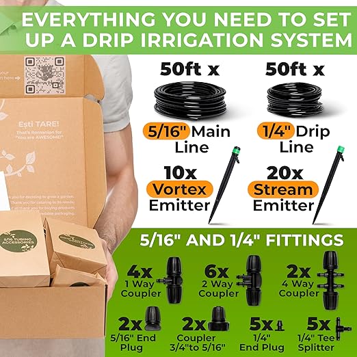 CARPATHEN Drip Irrigation System - Adjustable Premium Irrigation System for Garden, Raised Beds - Complete Drip Irrigation Kit with Drip Emitters, 5/16" and 1/4" Irrigation Tubing and Barbed Fittings