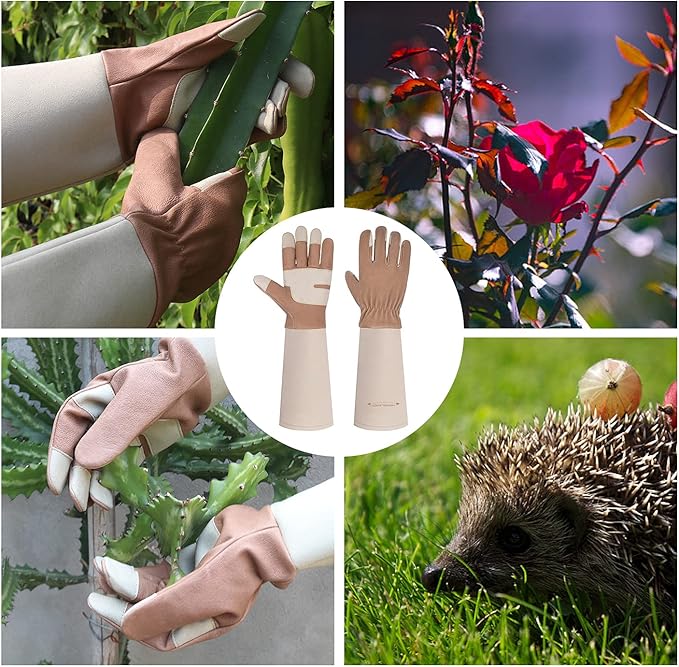 HANDLANDY Long Gardening Gloves for Men & Women, Thorn Proof Rose Pruning Gloves Leather Gauntlets Garden Gloves Yard Work Gloves (Medium, Brown)