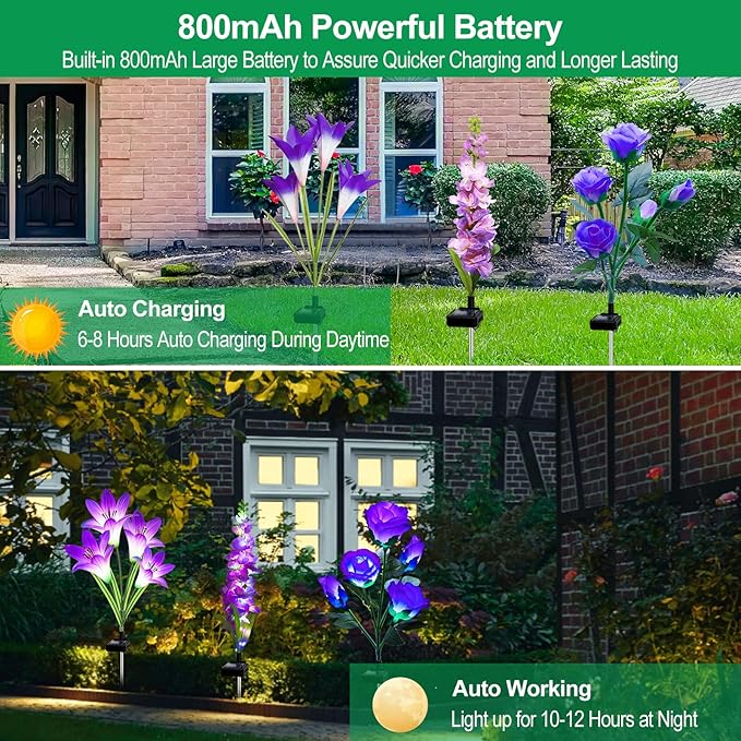 Solar Garden Lights Waterproof, 3 Pack Solar Flowers Lights Includes Lily Rose Delphinium,Gardening Gifts for Mom Grandma Women ,7-Color Changing Outdoor Decor Solar Lights for Garden Yard Patio Lawn