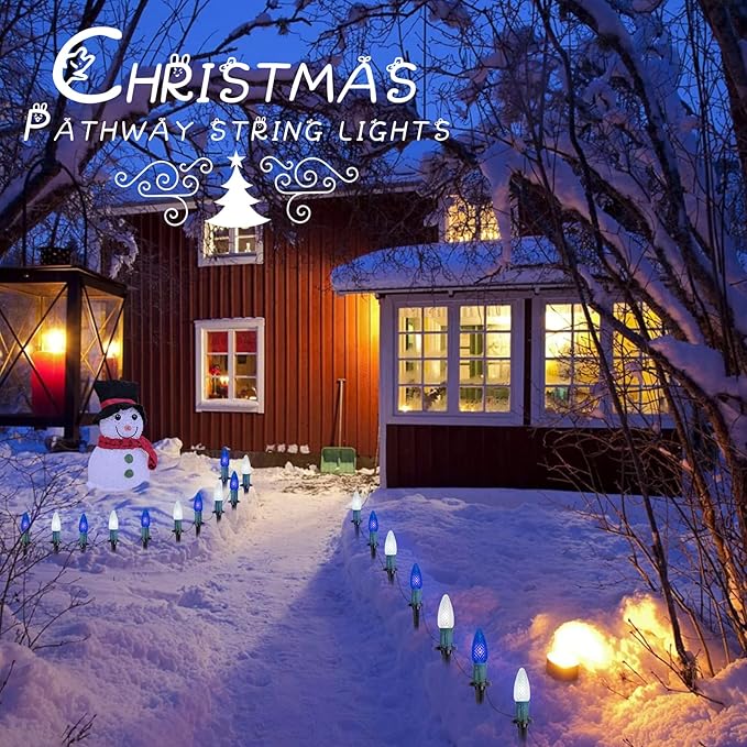 C9 LED Christmas Lights Outdoor with stakes, 25.7ft 20 LED Strawberry String Lights, Connectable Shatterproof Pathway Lights Marker for Path, Lane, Patio, Xmas Holiday Decorations, Blue and White