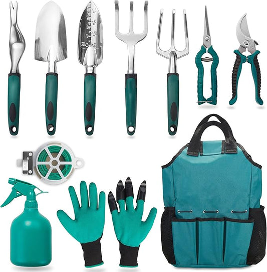 FiveJoy Garden Tool Set, 11 Piece Aluminum Alloy Hand Tool Starter Kit with Garden Bag, Outdoor Tool, Heavy Duty Gardening Work Set with Ergonomic Handle, Gardening Tools
