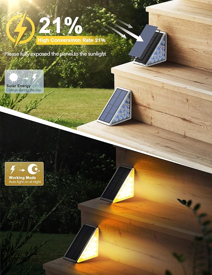 LED Solar Step Lights Waterproof Outdoor Stair Lights, Warm White Solar Deck Lights IP67 Solar Decoration Lights for Yard, Patio, Garden, Walkways, Front Door, Pathway, Driveway, Porch 2PK