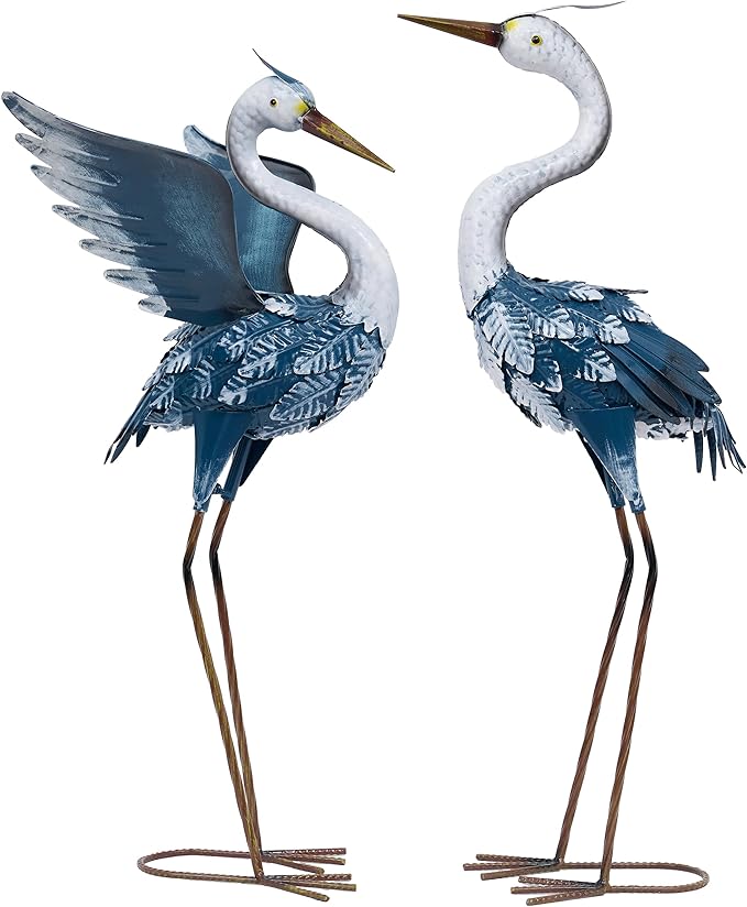TERESA'S COLLECTIONS Yard Decorations Outdoor Garden Statues, Blue Metal Crane Yard Art, 25-26inch Lawn Ornaments for Backyard, Outside Porch, Patio, Wedding Decor,Set of 2,Spring Decor,Gifts for Mom