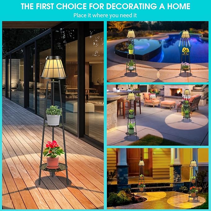 2 Pack Solar Lights Outdoor with Plant Stands, Solar Floor Lamp Metal Tripod Patio Lights for Garden Yard Pathway Driveway Front/Back Porch Decoration