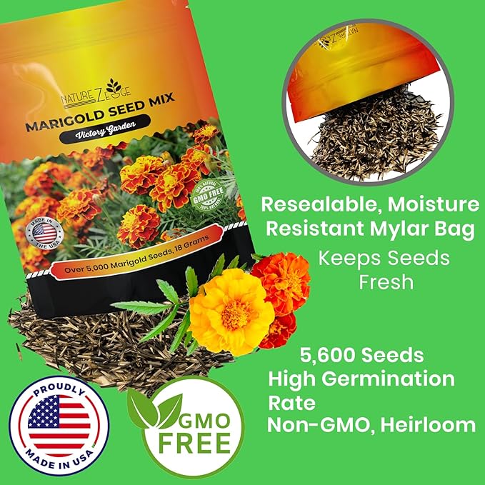 NatureZ Edge Marigold Seeds Mix, Over 5600 Seeds, Marigold Seeds for Planting Outdoors, Dainty Marietta, Petite French, Sparky French, and More