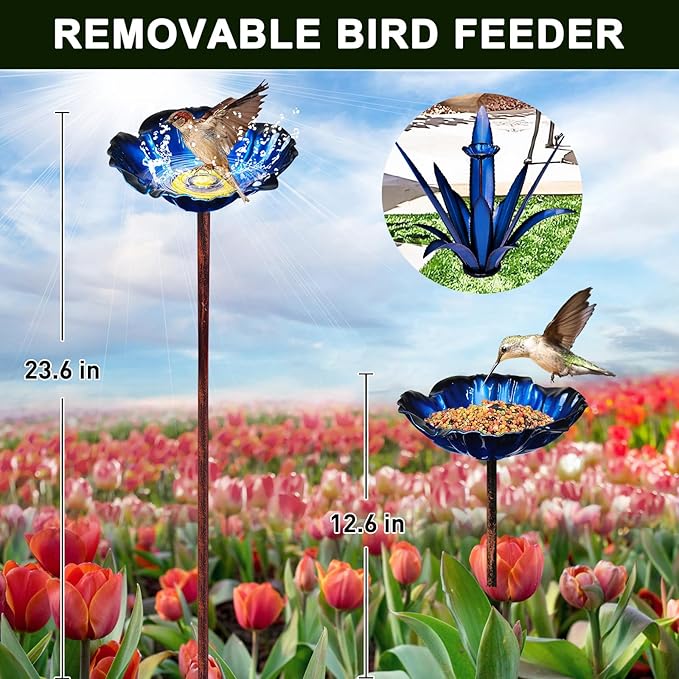 Upgraded Large Metal Yard Art, Metal Agave Plant Yard Decorations Outdoor Sculpture, Metal Flowers for Outside, Waterproof Outdoor Garden Decor (Blue+ Bird Feeder)