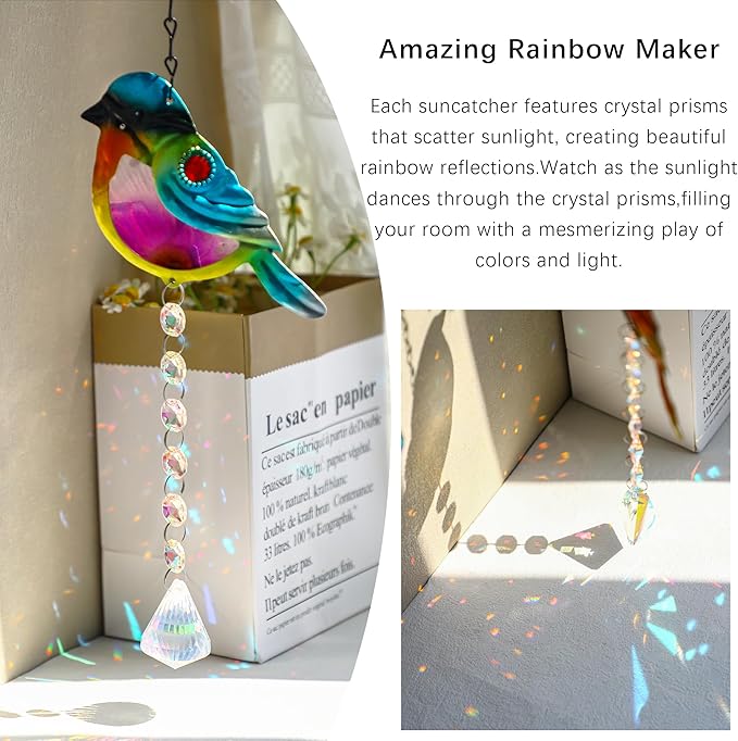 Set 2 Stained Glass Little Birds Suncatchers Rainbow Maker Crystal Prisms Hanging Suncatcher for Window Colorful Metal Birds Wall Art Fence Decorations