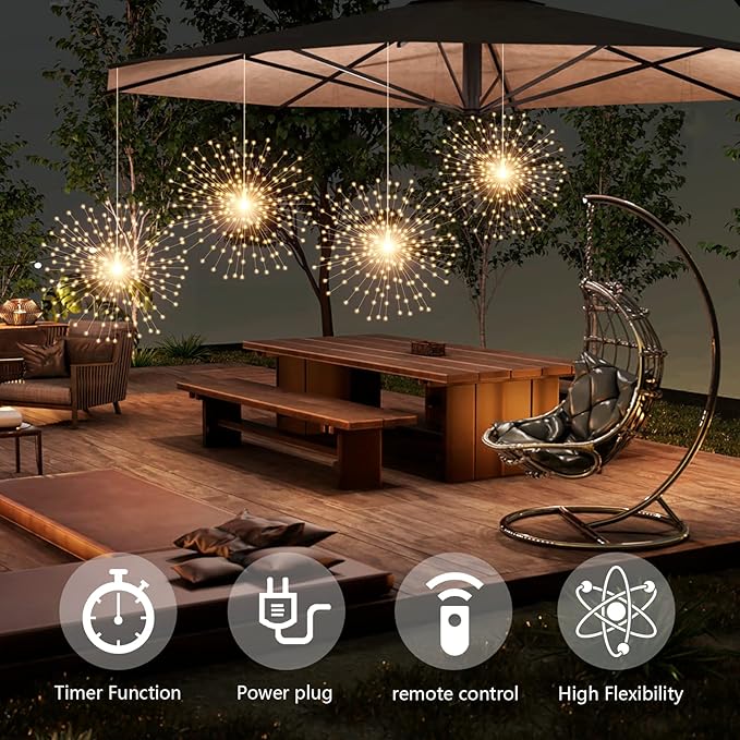 4 Pcs 800 LED Plug-in Starburst Sphere Lights, Firework Lights 8 Modes Dimmable Remote Control Waterproof Hanging Fairy Light, Copper Wire Lights for Patio Party Tent Christmas (Warm White)
