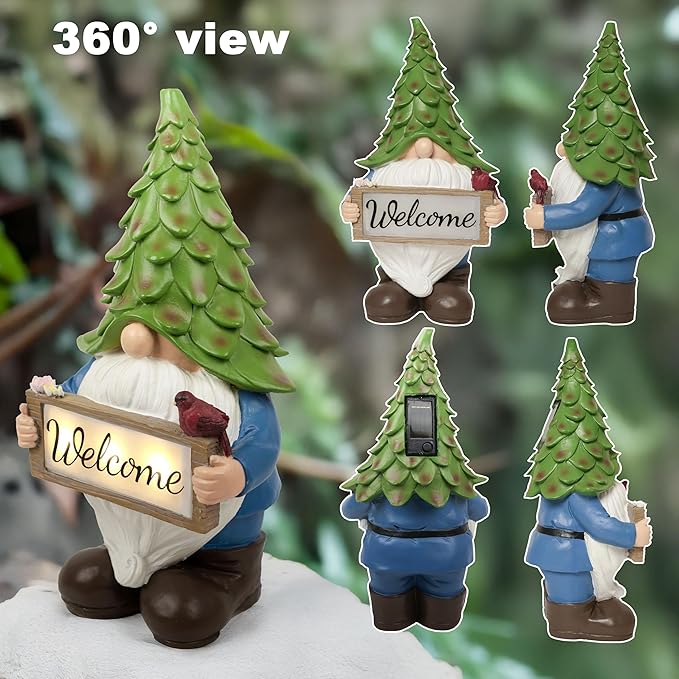 Garden Gnome Statue with Solar Lights, 13.5” Welcome Sign Gnome Outdoor Decor for Yard Lawn Patio, Funny Resin Gnome Sculptures, Gifts for Women Mom Grandma,Garden Decor Ornament