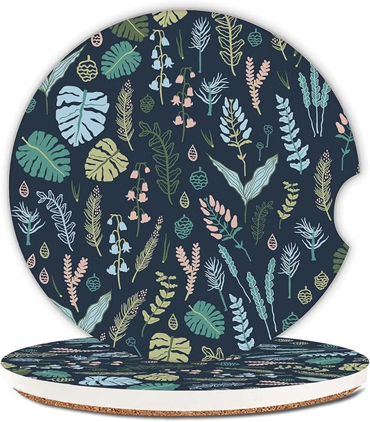 Forest Plants Leaves Seeds Car Coasters,Ceramic Absorbent Cup Holders with Finger Notch & Cork Base Car Assecories for Women/Men 2.6"(2 Pieces)