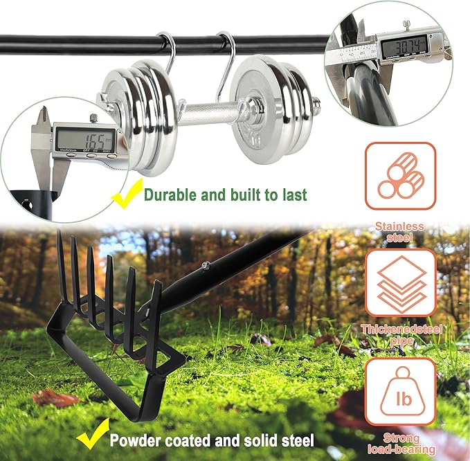8-Tines Rake and Stirrup Hoe - Adjustable Long Handle Scuffle Loop Hula Action Hoe for Weeding, Digging, Loosening Soil, Stainless Steel Tiller Cultivator for Gardening, Raised Flower Beds Planting.