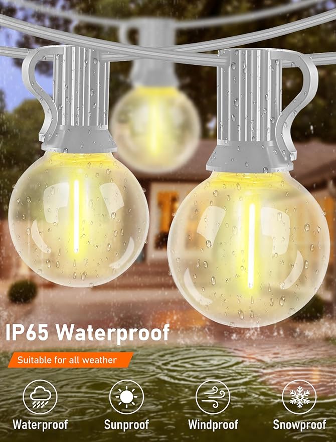 25Ft LED String Lights Outdoor, G40 Globe Patio Lights with 27 Shatterproof LED Bulbs, Waterproof Dimmable Hanging Light for Patio Wedding Bistro Party Yard Decor, E12 Socket Base, White Wire
