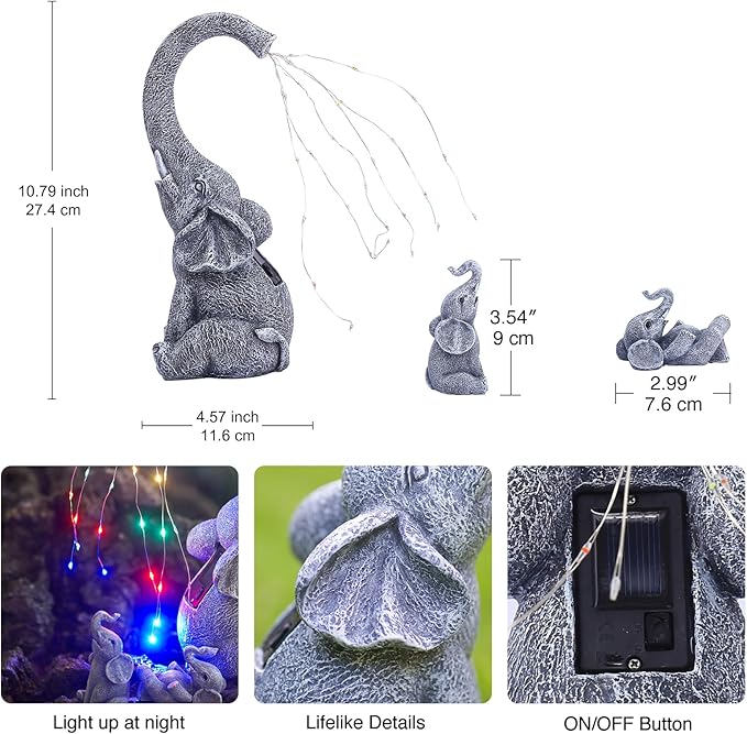 Goodeco Garden Elephant Statue Outdoor - Solar Watering Lights, Perfect for Yard, Patio, and Pathway Decor - Ideal Gardening Gifts