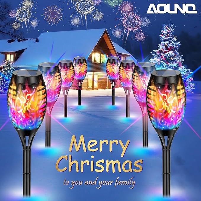 12 Pack Solar Torch Lights Outdoor Waterproof - Multicolor Flickering Flame, Outdoor Solar Garden Lights for Yard, Tiki Torches for Outside Patio Pathway Decorations