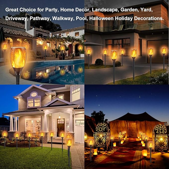 Solar Torch Lights with Flickering Flame, Fire Effect Garden Light, Auto On/Off Dust to Dawn, Outdoor Waterproof Landscape Decoration, Powered Security Light for Patio, 8 Pack