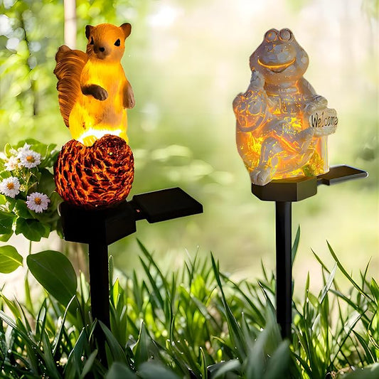 QH & Garden 2-Pack Squirrel and Turtle Garden Statues Decor，LED Waterproof Animals Lights for Garden, Balcony, Yard, Lawn, Pathway, Walkway - Garden Solar Powered Outdoor Decor