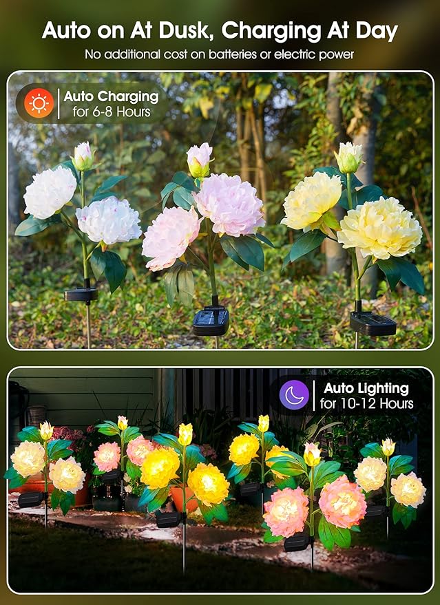 Outdoor Solar Flower Lights - 3 Pack Solar Garden Lights with Larger & More Realistic Peony, Bigger Solar Panel, Waterproof LED Solar Lights Outdoor for Yard Garden Lawn Pathway Decoration