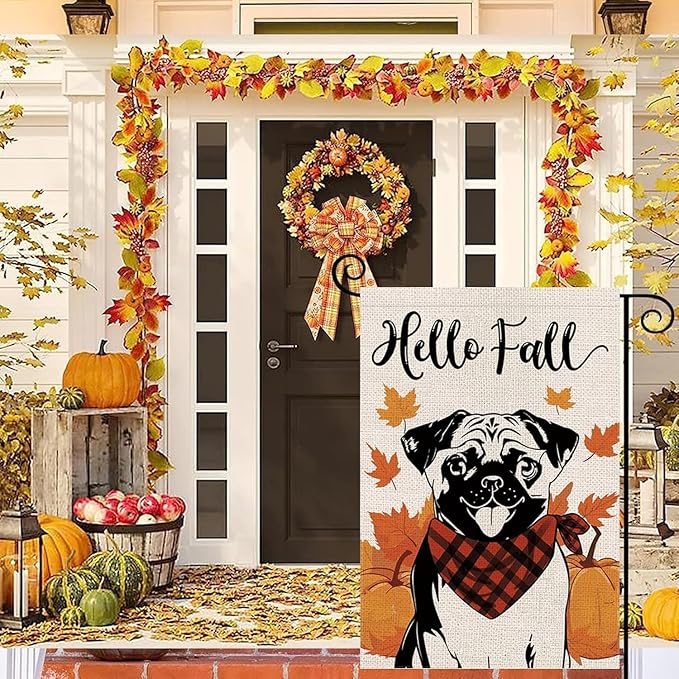 Seasonal Garden Flags Pug Dog Double Sided Flags Set of 11 Holiday Farmhouse Indoor Outdoor Yard Lawn Christmas Gifts Decorations 12.5x18 Inch