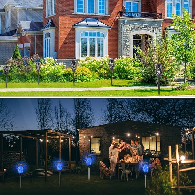 Outdoor Solar Lights Blue, 12 Pack Solar Torch Lights with Flickering Flame Waterproof Mini Tiki Torches for Landscape Garden Pathway Dusk to Dawn Auto On/Off