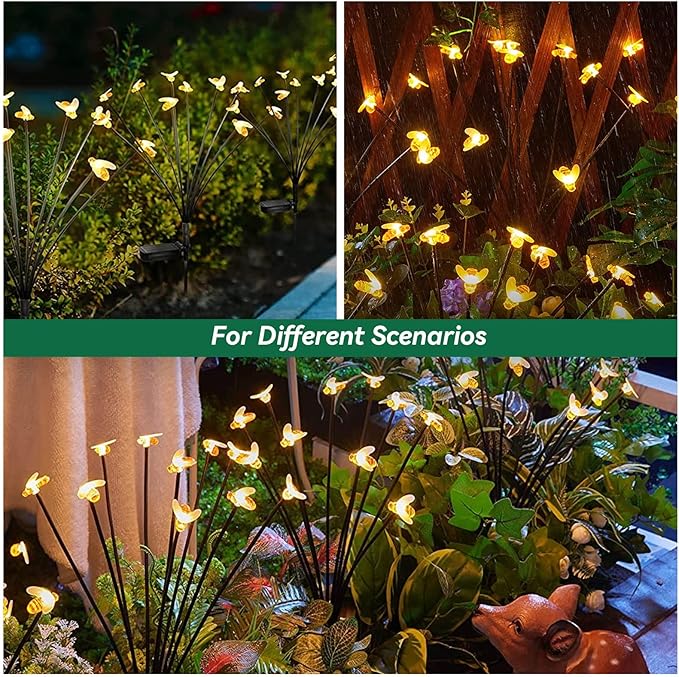32 LED Spring Bee Garden Lights Solar Powered Honeybees Outdoor Decorations Swaying Lights Waterproof Solar Firefly Landscape Lights Warm Yellow for Pathway Yard Lawn Patio Walkway Courtyard(4Pack)