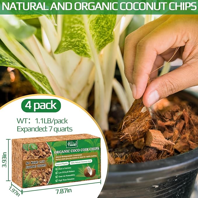 Halatool 4 Pcs Coconut Coir Chips for Plants - 4.4 LB 100% Organic Coco Husk Chip Bricks with Low EC and pH Balanced, Compressed Coco Substrate Growing Mulch Medium for Garden Herbs, Plants, Flowers