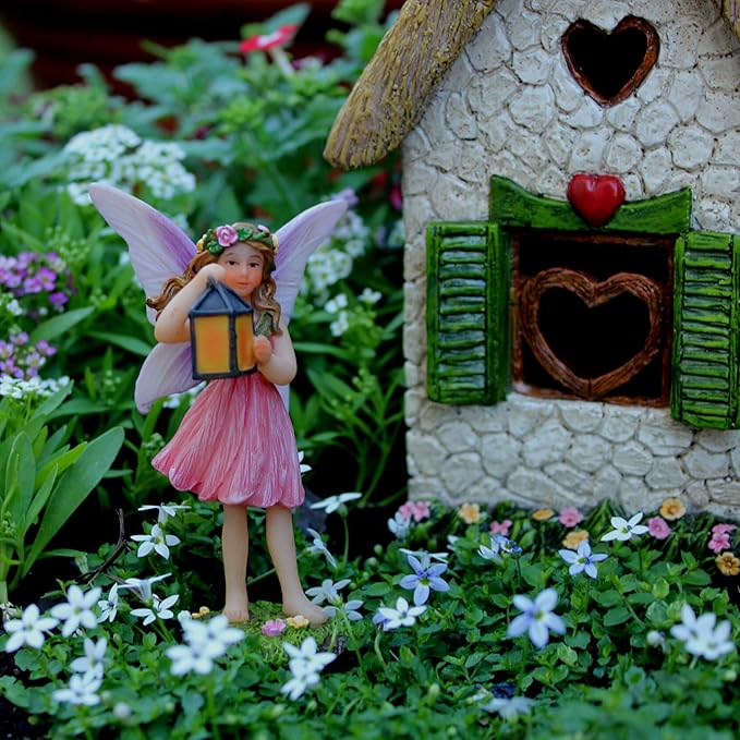 Fairy Garden House Kit – Complete with Accessories, House 7” High with Door That Opens & Fairies for Outdoor Gardens – 4 Pieces