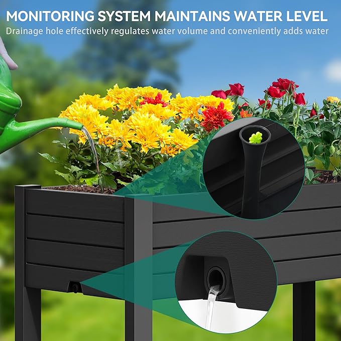 YITAHOME 3.6x1.5x2.8 FT Elevated Garden Bed Kit with Legs and Wheels, Outdoor Large Resin Planter Box Stand with Drain Plug and Storage Shelf for Plants Vegetables Fruits, Black