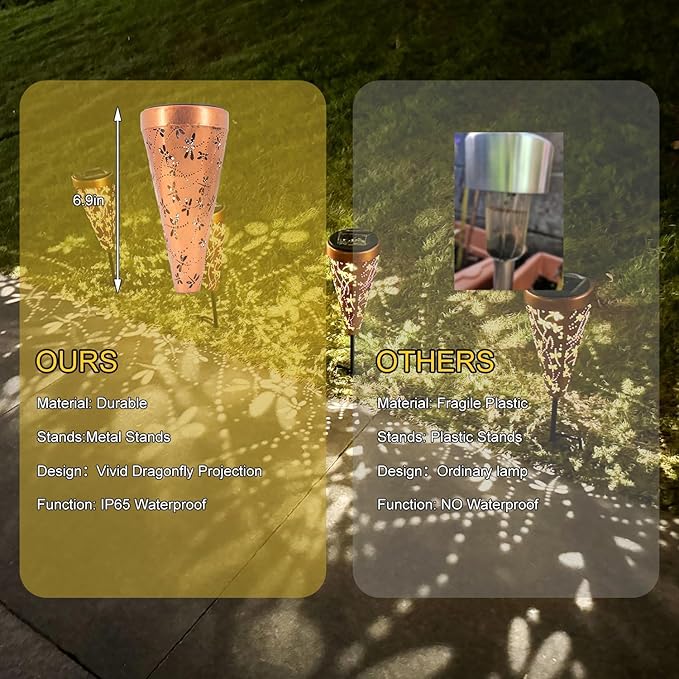 2 Pack DIBIEECN Dragonfly Solar Pathway Lights Outdoor,Metal Garden Decorations Outdoor Lights with Patterns and Warm Light,Waterproof Landscape Lighting for Path Patio Backyard Walkway Yard