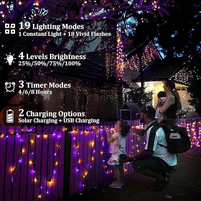 2-Pack 200FT Halloween Solar String Lights for Outside, 600 LED Extra-Bright Solar Light Outdoor with 19 Modes & Timer, Waterproof Fairy Solar Lights for Garden Patio Tree Decorations Orange & Purple