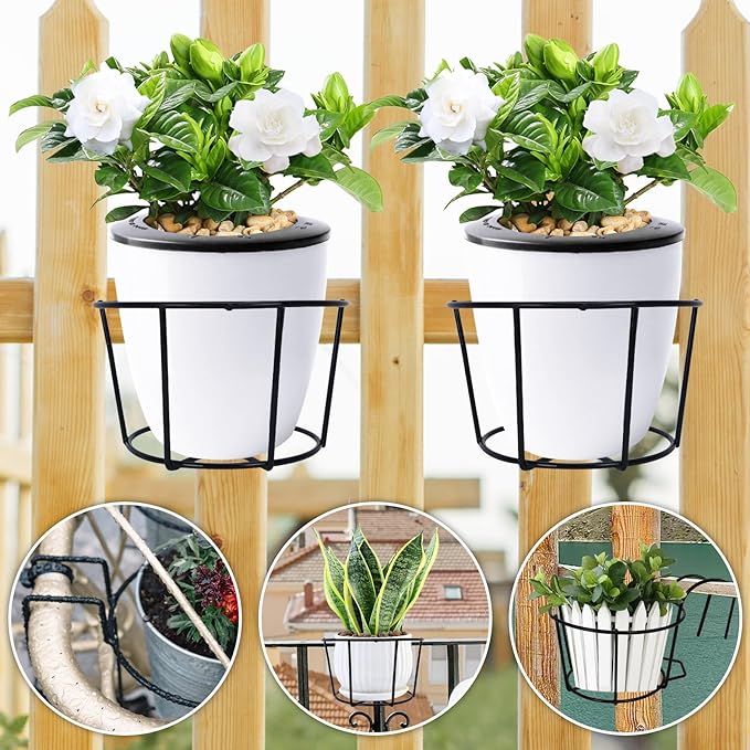 4 Pack Small Round Metal Hanging Railing Planters,Hanging Railing Planter Flower Pot Holder Basket Iron Art Rack Fence Shelf Container for Balcony,Garden,Indoor and Outdoor (Black)