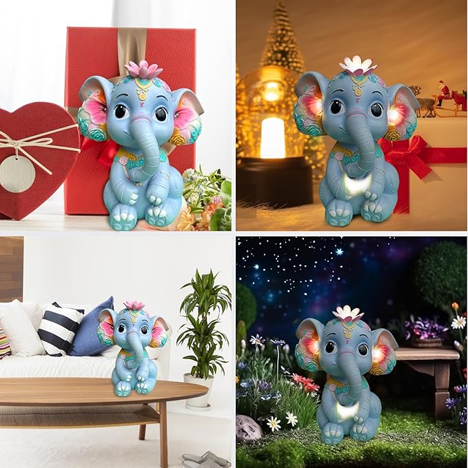 Solar Garden Outdoor Statue Elephant with 4 LED Lights,Lawn Decor Statue for Patio, Balcony,Yard Ornament,Ideal Gift for Christmas,Women,Mom,Grandma,Birthday or Unique Housewarming