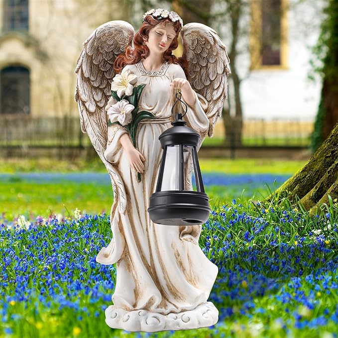Solar Angel Outdoor Decor Garden Statues – 13.2 inches Angel Figurines Outdoor Sculptures with Solar Lantern for Outside Yard Art Patio Balcony Front Lawn Ornaments Gifts for Mom Grandma Women