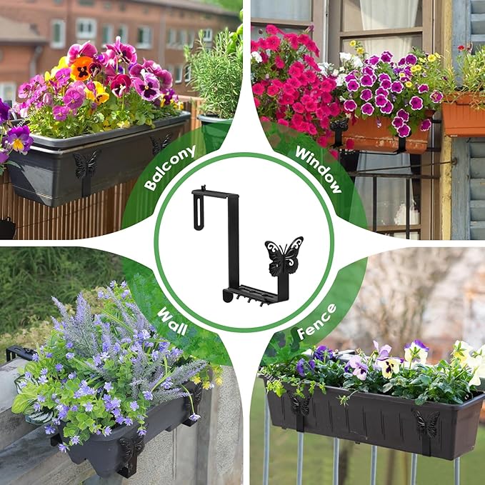 Planter Box Brackets, Adjustable Window Boxes Planters Brackets with Butterfly, Hanging Flower Box Stand Hooks for Deck Railing Pergola Balcony Garden - 6 pack
