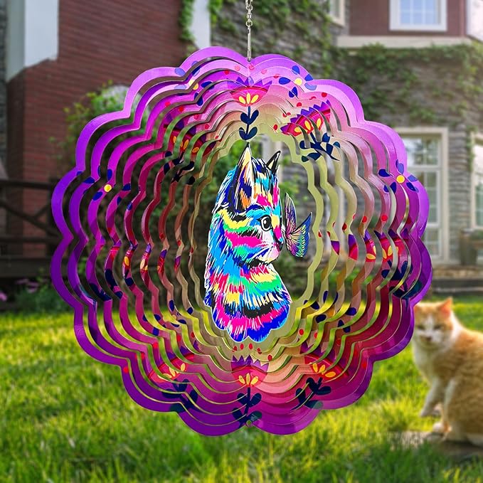 Cat Wind Spinners 3D Hanging Wind Spinner Cat Ornament Gifts for Women Mom Grandma,12inch Metal Wind Kinetic Sculpture for Outdoor&Indoor Decor, Yard Art, Garden Decoration