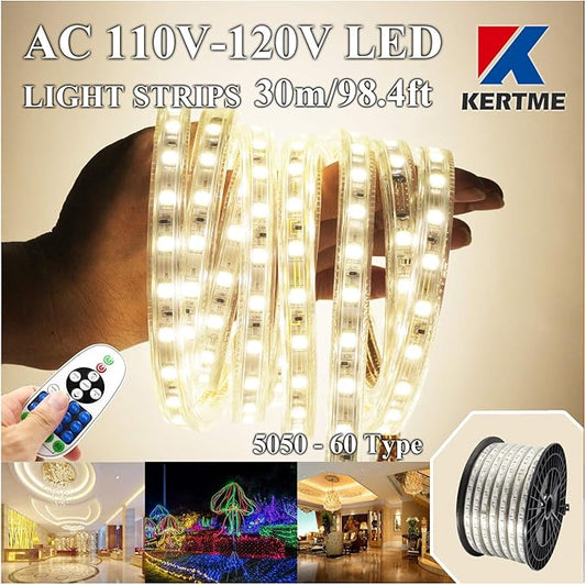 5050-60 Type AC 110-120V LED Strip Lights, Flexible/Waterproof/Dimmable/Multi-Modes LED Rope Light + 23 Keys Remote for Home/Garden/Building Decoration (98.4ft/30m, Natural White 4000K)