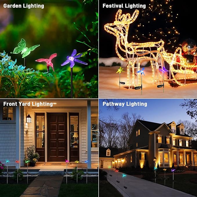 Solar Pathway Lights - 3 Pack Solar Stake Lights Outdoor, Color Changing Solar Powered Halloween Decorative Landscape Lighting Hummingbird Butterfly Dragonfly for Patio Yard Pathway Lawn Walkway
