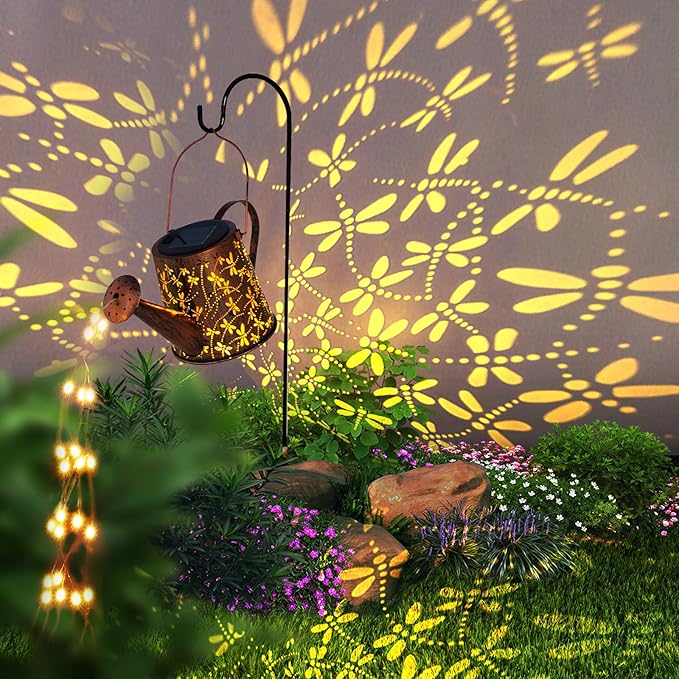 Solar Watering Can Outdoor Lights Garden Decor,Dragonfly Hanging Lantern Waterproof Landscape Lights Outside Decoration for Yard Porch Patio Pathway Gardening Gifts(with 32 inch Shepherd Hook)