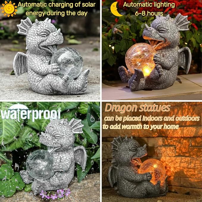 Solar Dragon Outdoor Statue Cute Baby Dragon Holding Glowing Glass Orb Resin Garden Decoration for Porch Patio Lawn Yard Perfect Housewarming Gift